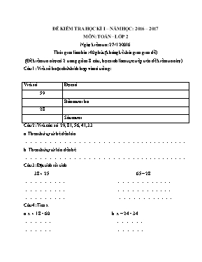 Đề và đáp án kiểm tra định kì học kì I môn Toán lớp 2 - Năm học 2016-2017